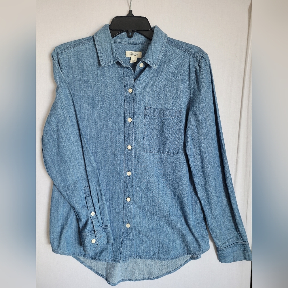 Style & Co Women's Blue Denim Button-Up Shirt S Collared Long Sleeve